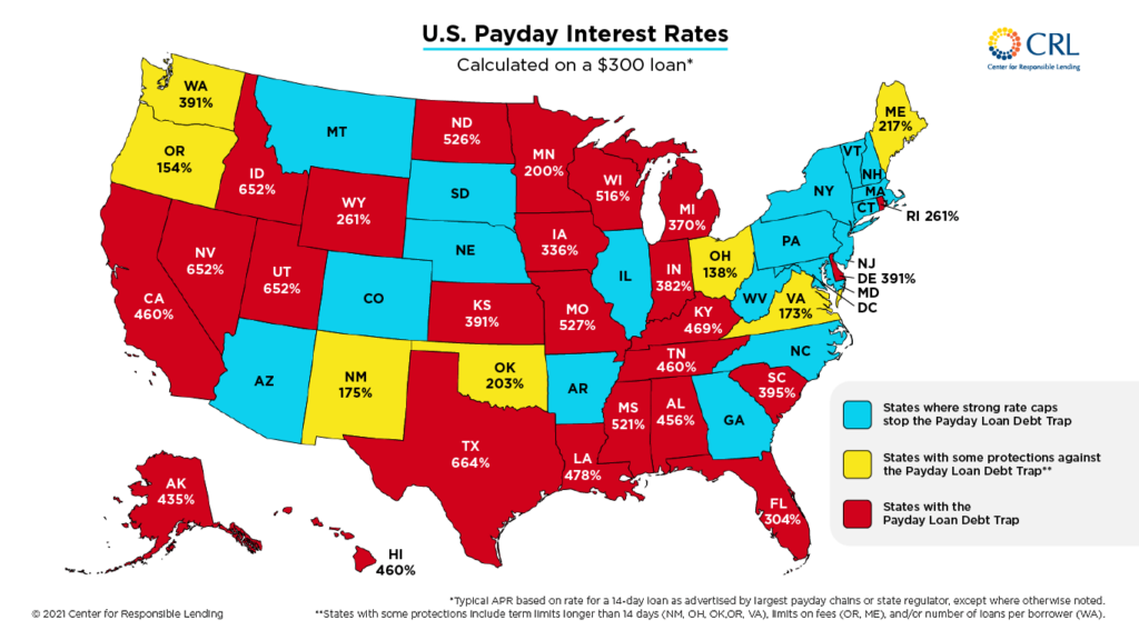 U.S. Payday Interest Rate Map showing the average percentage interest rate charged on payday loans throughout the United States. The state of Missouri shows 527% and is classified as red, the most severe. These red states are considered 'Payday Loan Debt Traps'.