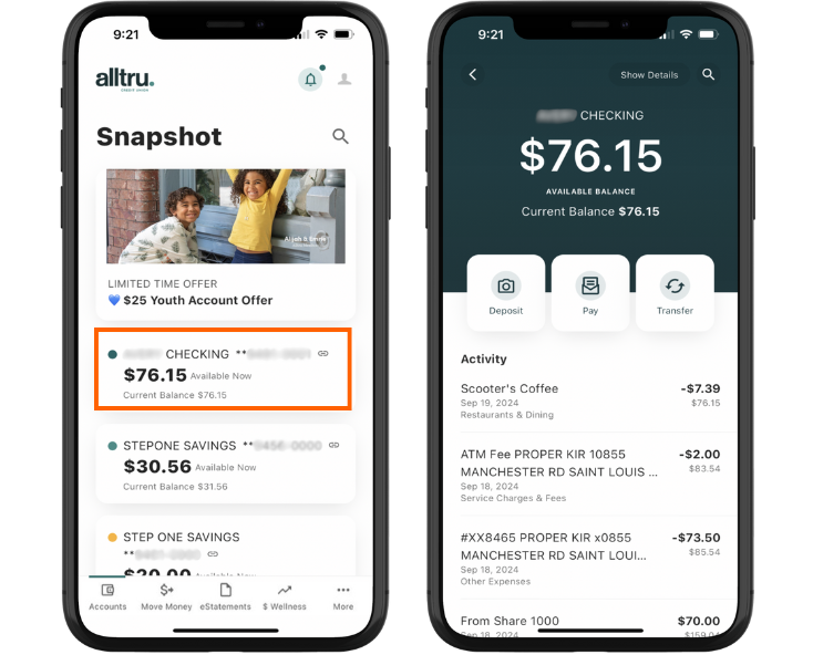 A mobile banking screenshot on two phones. The phone on the left shows the Snapshot page with an orange box around  the checking account. The phone on the right shows the recent transactions from the checking account.