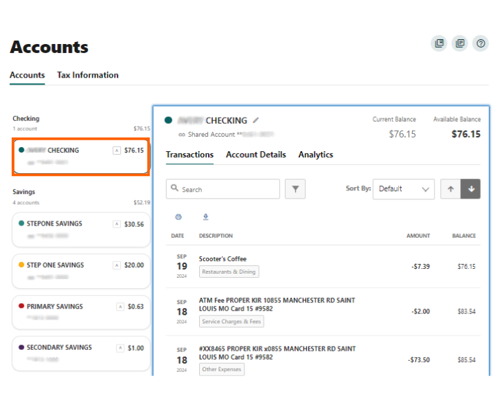 An online banking screenshot showing the accounts, with the checking account in an orange box on the left side