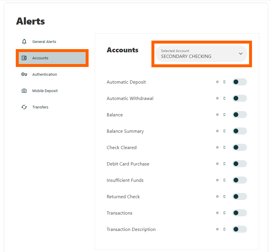 Online banking screenshot of alerts page with orange boxes highlighting the Accounts tab and the selected account dropdown