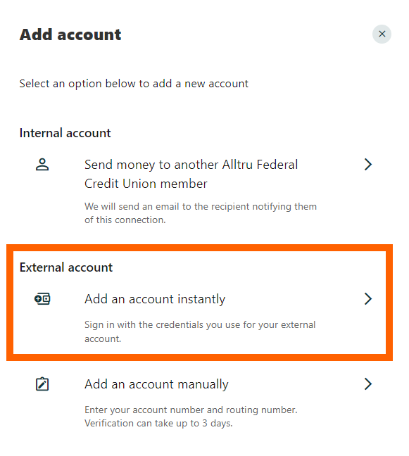 Online banking screenshot with an orange box around External account option to 'Add an account instantly'