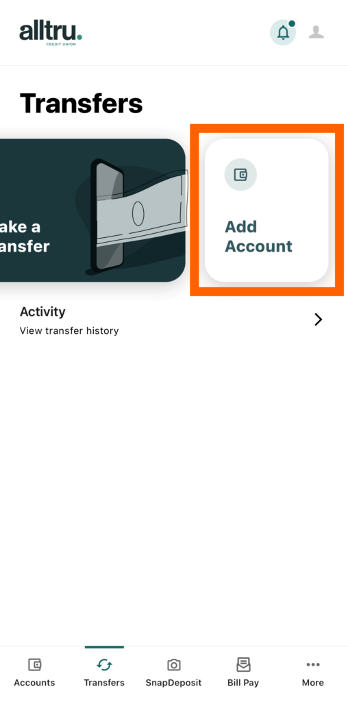Mobile banking screenshot under Transfers widget with an orange box around 'Add Account' option