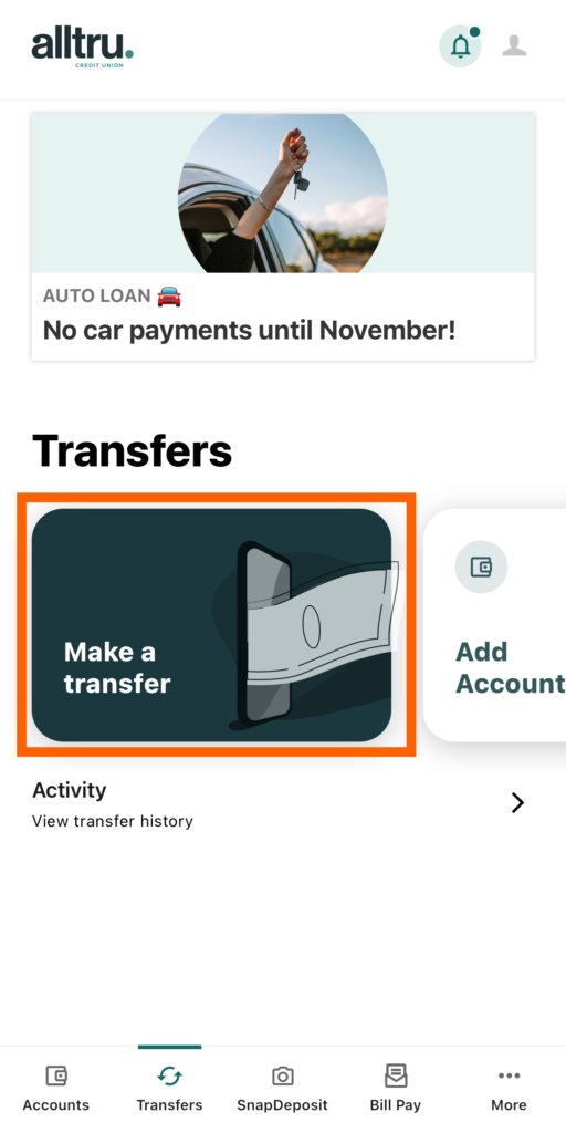 Mobile banking screenshot of Transfers widget with an orange box around Make a Transfer option