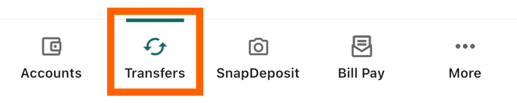 Mobile banking screenshot of bottom menu with an orange box around Transfers widget