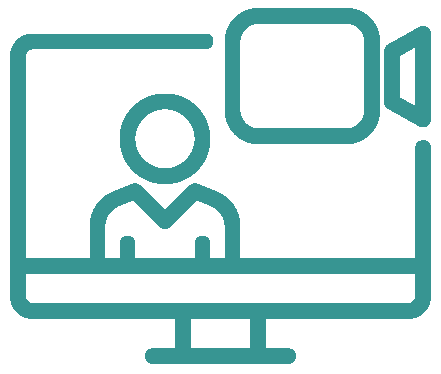 Teal colored icon to represent video banking with a person inside of a laptop and camera