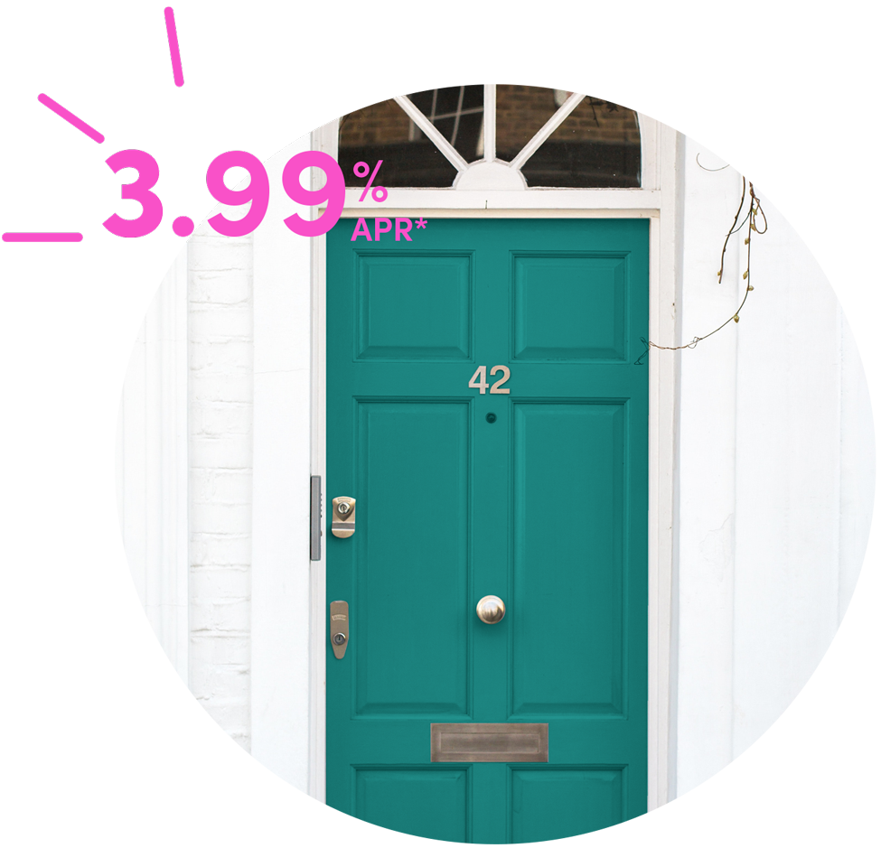 Image of a teal colored door on a house with the text '3.99% APR*' to the top-left hand side. Image is inside of a circle shape.