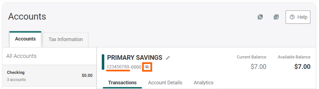 Online banking screenshot of Accounts page with orange box highlighting eye icon to reveal full account number. Full Account Number is underlined.