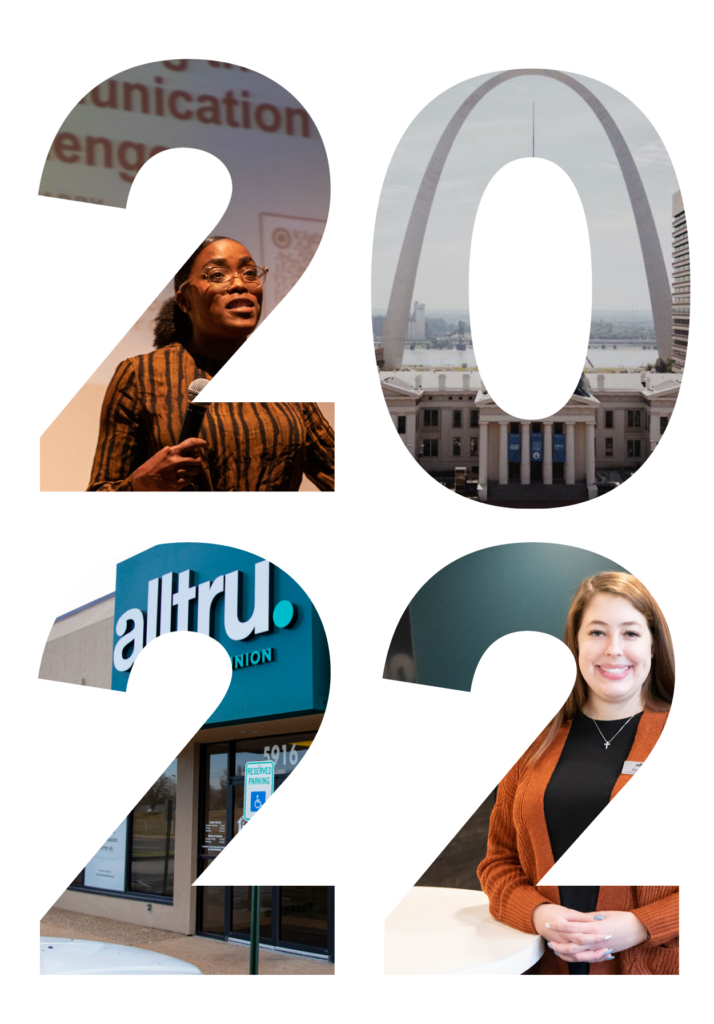 The year 2022 with the following images inside of each number: Keisha Mabry, a speaker from The Huddle Employee Development Event; St. Louis Arch Skyline; Alltru Credit Union Hazelwood Branch Location; Alltru Employee Rebecca inside of St. Charles Branch Location