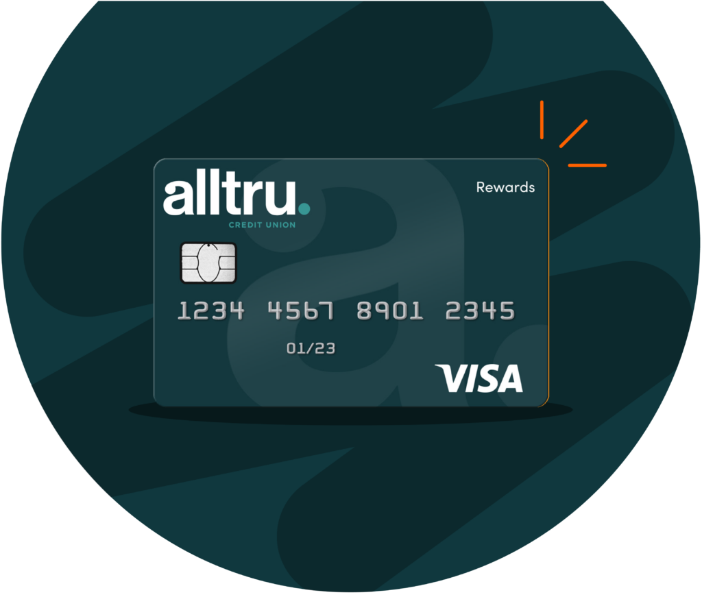 Alltru Rewards Visa® Credit Card inside of a circle shape with an orange flourish in the corner emphasizing the card