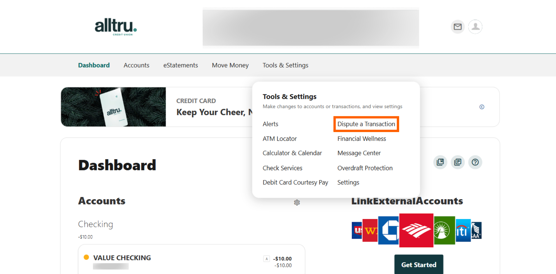 Online banking screenshot with the Tools & Setting menu open and an orange box around Dispute a transaction