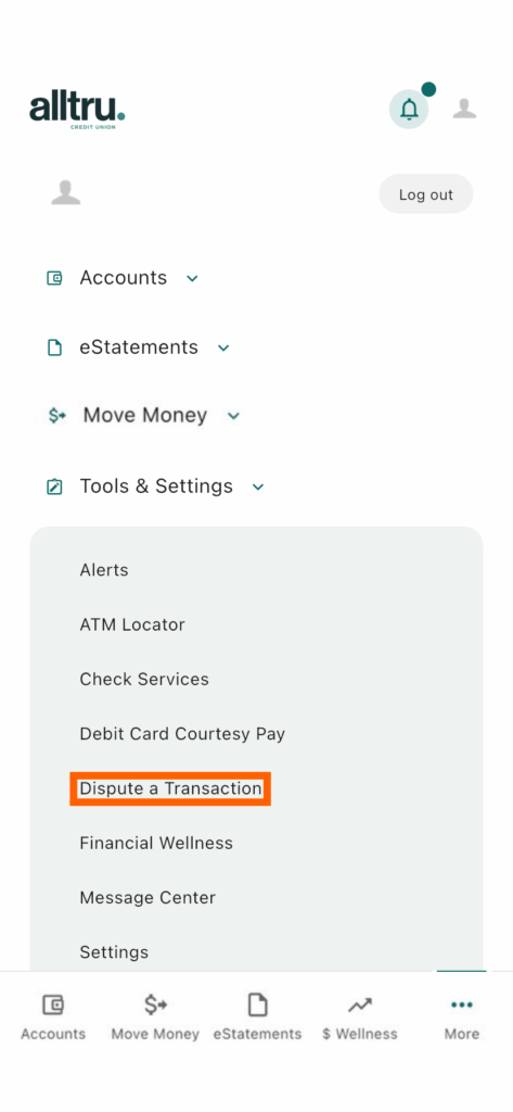 mobile banking screenshot with Dispute a transaction in an orange box