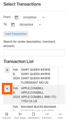 Mobile banking screenshot of Select Transactions with a plus button in an orange box around an apple.com transaction