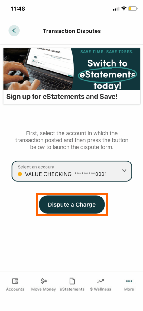 Mobile banking screenshot of transaction disputes and the dispute a charge button in an orange box