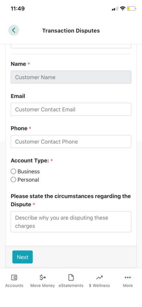 Mobile banking screenshot of transaction disputes