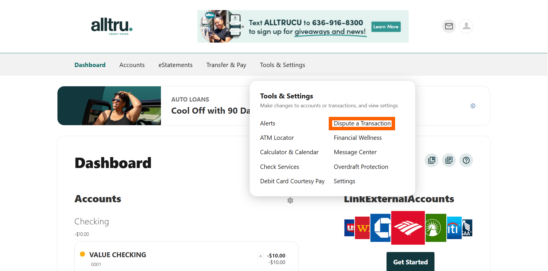 Online banking screenshot with the Tools & Setting menu open and an orange box around Dispute a transaction