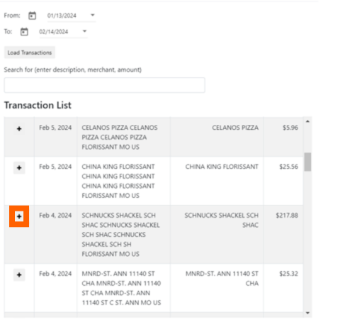 Transaction list with a + sign around a transaction