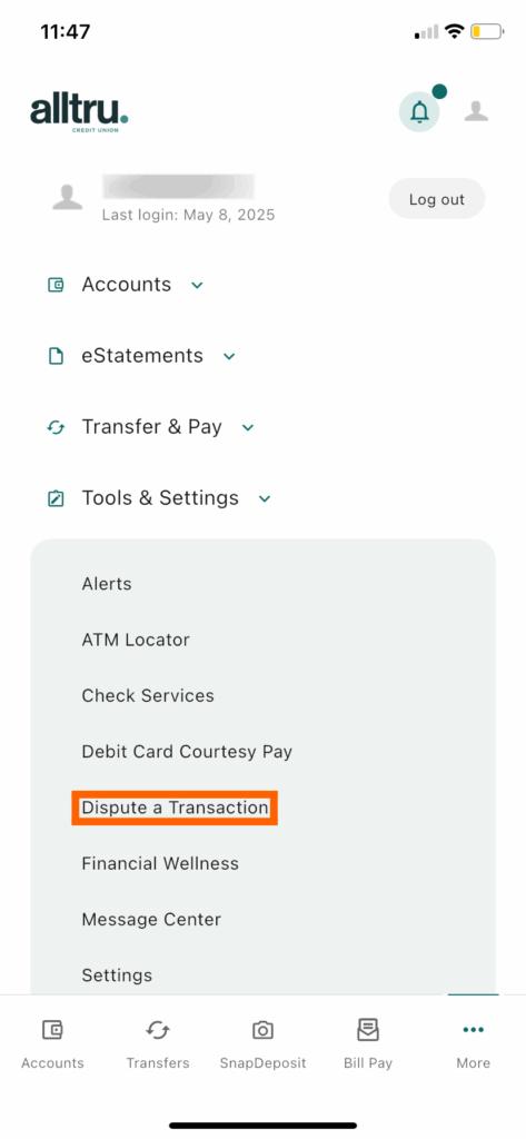 mobile banking screenshot with Dispute a transaction in an orange box