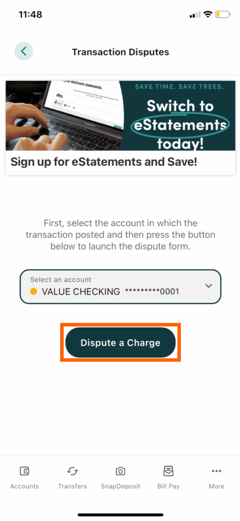 Mobile banking screenshot of transaction disputes and the dispute a charge button in an orange box