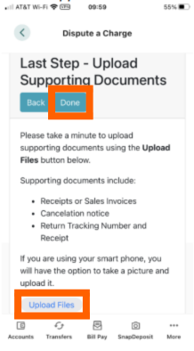 transaction dispute last step screenshot from mobile banking app to upload supporting documents