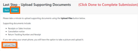 Upload supporting documents section with the Done and Upload files in orange boxes