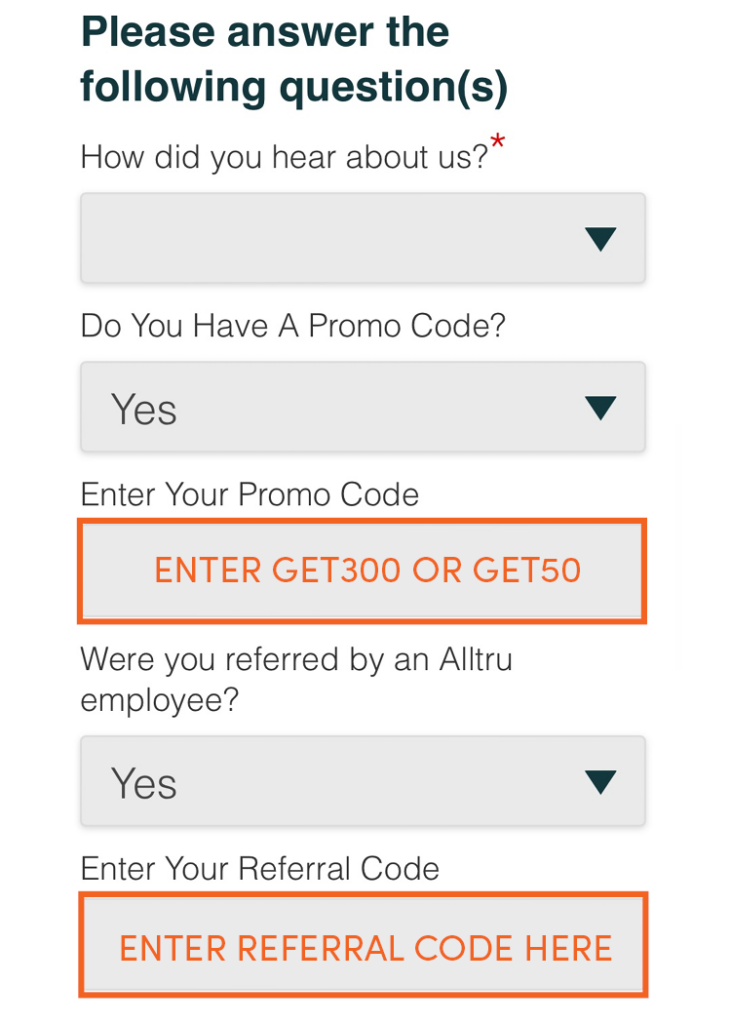 Screenshot showing online application fields for promo code and referral codes