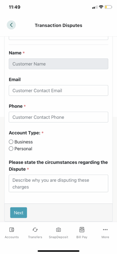 Mobile banking transaction disputes