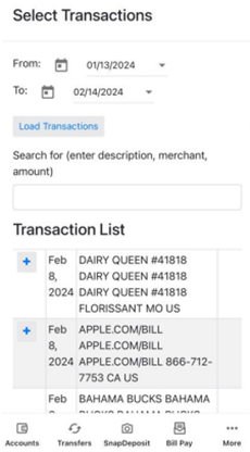 Select transactions mobile banking app screenshot