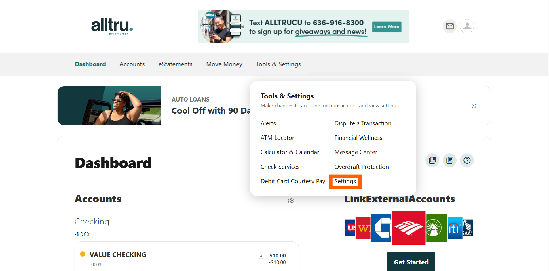Online banking screenshot of the Tools & Settings menu with Settings in an orange box