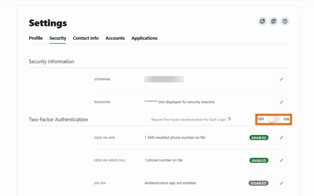 Online banking screenshot of Security settings with Require Two-Factor Authentication For Each Login toggled off and in an orange box