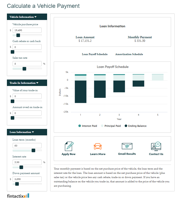 Vehicle Payment calculator displaying a $17,151.2 loan amount and $331.50 monthly payment with supporting data.