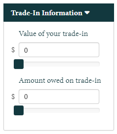 Auto Loan Trade-In Information section from the calculator with $0 value of your trade-in and $0 owed on trade-in