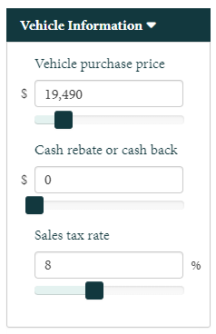 Auto Loan Vehicle Information section from the calculator showing a vehicle purchase price of $19,490 with $0 cash rebate or cash back and 8% sales tax rate