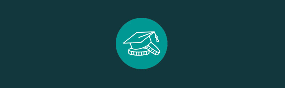 An icon of a college graduation cap and two coins inside a teal circle