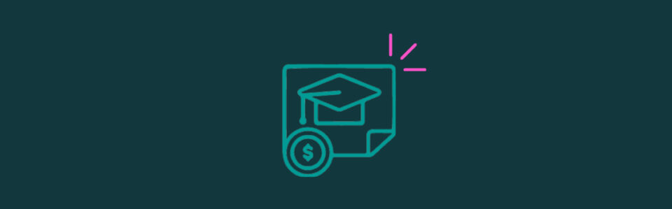 An icon of a graduation cap on a student loan document behind a badge with a dollar sign