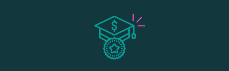 An icon of badge with a star inside in front of a graduation cap and dollar sign