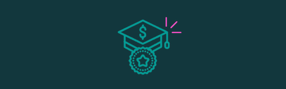 An icon of badge with a star inside in front of a graduation cap and dollar sign