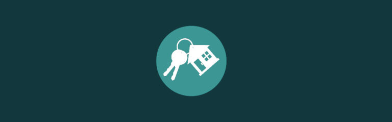 An icon of a white home and white keys on a keyring inside a teal circle