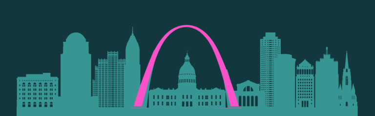A silhouette of St. Louis in teal, with the Arch in pink