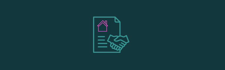 An icon of a mortgage document and a house at the top left with two hands shaking at the bottom right
