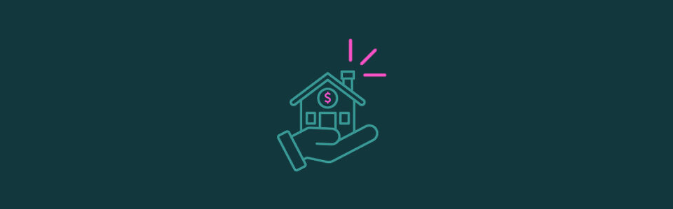 An icon of a palm holding a house with pink emphasis lines on the top right