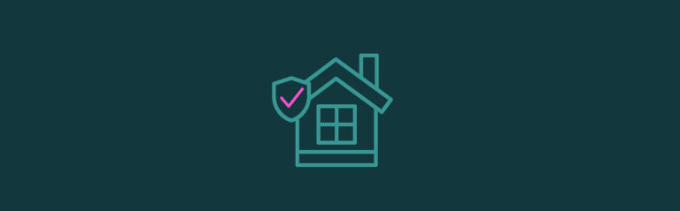 An icon of a house with a pink checkmark inside a shield on the top left