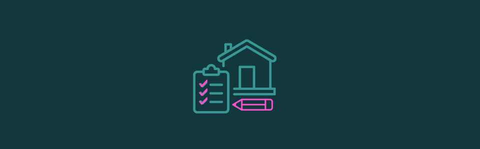 An icon of a house above a pink pencil icon and a checklist icon