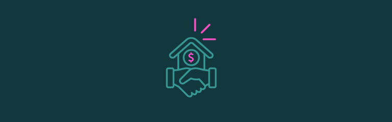 An icon of two shaking hands in front of a house with pink emphasis lines above it