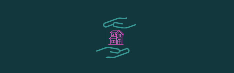 An icon of a house with open palms above and below it