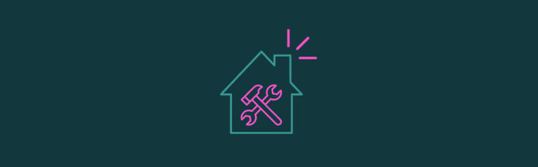 Pink wrench and hammer icons inside the outline of a house with emphasis lines on the top right