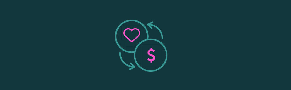 An icon of a heart in a circle with an arrow pointing to a dollar sign in a circle with an arrow pointing back to the heart