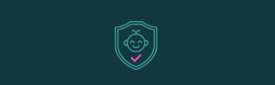 An icon of a baby head above a pink checkmark inside a shield