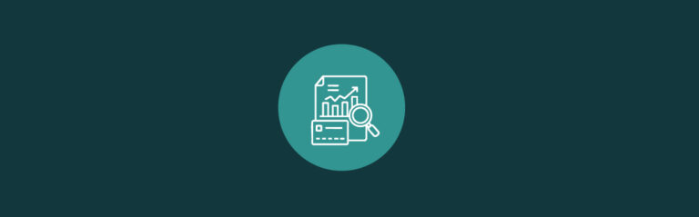 An icon of a magnifying glass over a credit report and credit card in a circle shape
