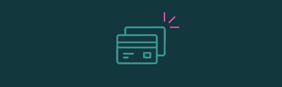 An icon of two stacked credit cards with pink emphasis lines on the top right corner