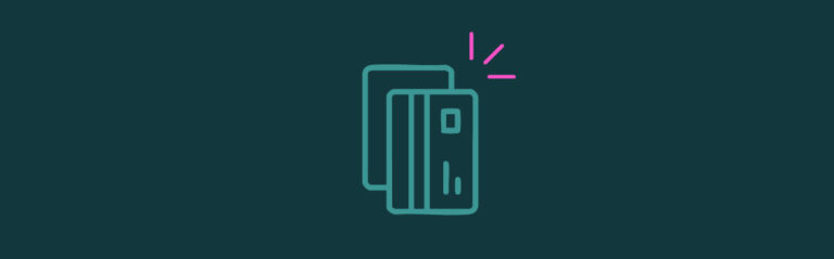 An icon of two vertical credit cards with pink emphasis lines on the top right corner